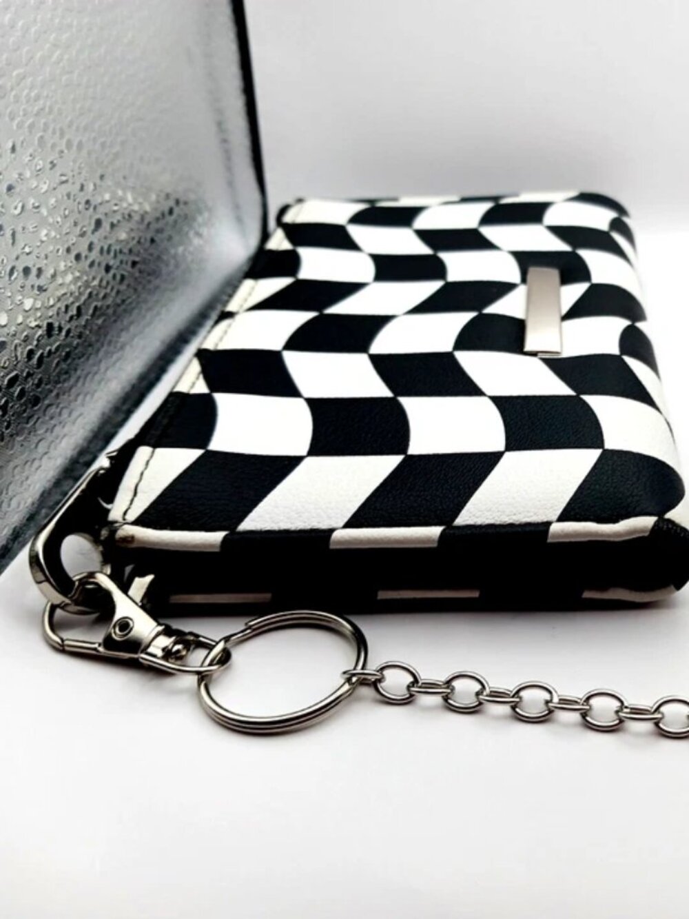 Black + White Skater Checkered Long Wallet + Metal Chain